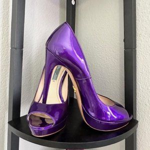 Prada Peep Toe Platform Pumps Metallic Purple Patent Leather SZ 37.5